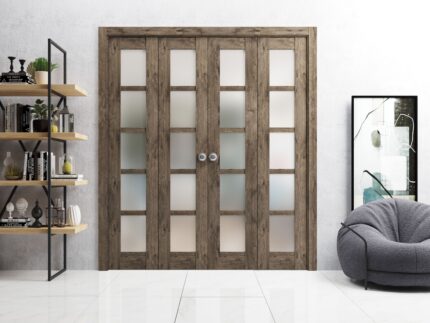Sliding Closet Double Bi-fold Doors | Quadro 4002 Cognac Oak with Frosted Glass | Sturdy Tracks Moldings Trims Hardware Set | Wood Solid Bedroom Wardrobe Doors