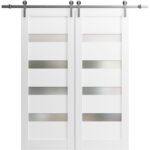 Sliding Double Barn Doors with Hardware | Quadro 4113 White Silk with Frosted Glass | Silver 13FT Rail Sturdy Set | Kitchen Lite Wooden Solid Panel Interior Bedroom Bathroom Door
