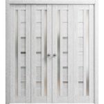 Sliding Closet Double Bi-fold Doors | Quadro 4088 Light Grey Oak with Frosted Glass | Sturdy Tracks Moldings Trims Hardware Set | Wood Solid Bedroom Wardrobe Doors