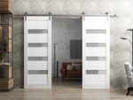 Sliding Double Barn Doors with Hardware | Quadro 4113 White Silk with Frosted Glass | Silver 13FT Rail Sturdy Set | Kitchen Lite Wooden Solid Panel Interior Bedroom Bathroom Door - Image 2