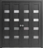 Sliding Closet Double Bi-fold Doors | Quadro 4113 Matte Black with Frosted Glass | Sturdy Tracks Moldings Trims Hardware Set | Wood Solid Bedroom Wardrobe Doors