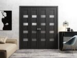 Sliding Closet Double Bi-fold Doors | Quadro 4113 Matte Black with Frosted Glass | Sturdy Tracks Moldings Trims Hardware Set | Wood Solid Bedroom Wardrobe Doors - Image 2