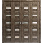 Sliding Closet Double Bi-fold Doors | Quadro 4445 Cognac Oak with Frosted Glass | Sturdy Tracks Moldings Trims Hardware Set | Wood Solid Bedroom Wardrobe Doors