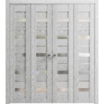 Sliding Closet Double Bi-fold Doors | Quadro 4445 Light Grey Oak with Frosted Glass | Sturdy Tracks Moldings Trims Hardware Set | Wood Solid Bedroom Wardrobe Doors