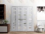 Sliding Closet Double Bi-fold Doors | Quadro 4445 Nordic White with Frosted Glass | Sturdy Tracks Moldings Trims Hardware Set | Wood Solid Bedroom Wardrobe Doors - Image 2