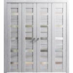 Sliding Closet Double Bi-fold Doors | Quadro 4445 Nordic White with Frosted Glass | Sturdy Tracks Moldings Trims Hardware Set | Wood Solid Bedroom Wardrobe Doors