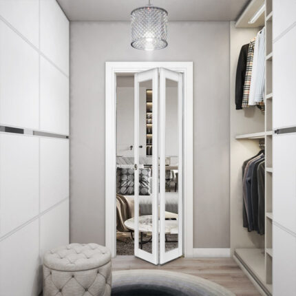 Sliding Closet Bi-fold Doors | Lucia 2166 White Silk with Clear Glass | Sturdy Tracks Moldings Trims Hardware Set | Wood Solid Bedroom Wardrobe Doors