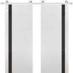 Sturdy Double Barn Door with | Planum 0040 White Silk with Black Glass | 13FT Rail Hangers Heavy Set (Silver) | Solid Panel Interior Doors