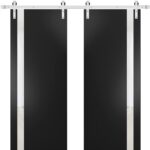 Sturdy Double Barn Door | Planum 0040 Matte Black with White Glass | Silver 13FT Rail Hangers Heavy Set | Solid Panel Interior Doors