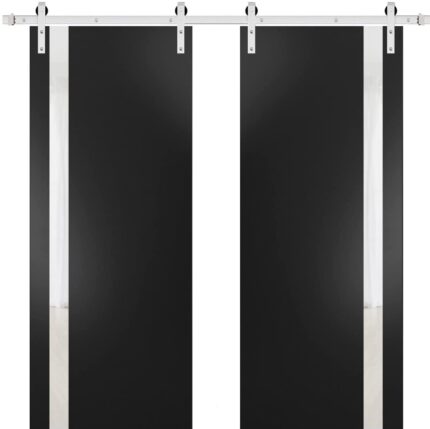 Sturdy Double Barn Door | Planum 0040 Matte Black with White Glass | Silver 13FT Rail Hangers Heavy Set | Solid Panel Interior Doors