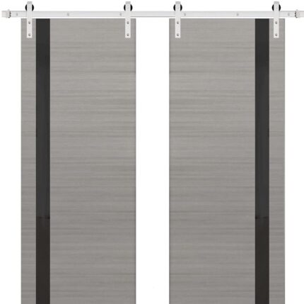 Sturdy Double Barn Door | Planum 0040 Grey Oak with Black Glass | Silver 13FT Rail Hangers Heavy Set | Solid Panel Interior Doors
