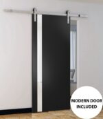 Sturdy Barn Door | Planum 0040 Matte Black with White Glass | Silver 6.6FT Rail Hangers Heavy Hardware Set | Solid Panel Interior Doors - Image 2