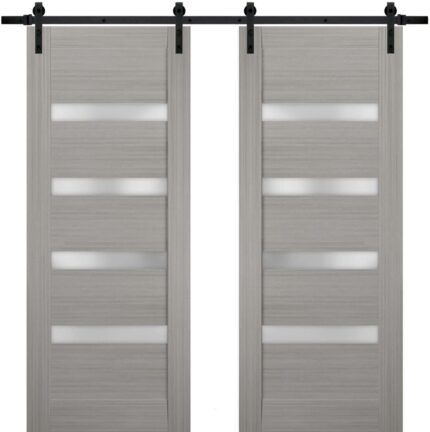 Sturdy Double Barn Door with | Quadro 4113 Ginger Ash with Frosted Glass | Black 13FT Rail Hangers Heavy Set | Solid Panel Interior Doors