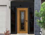 Front Exterior Prehung Steel Door / Ballucio 6644 Natural Oak / Black 2 Side and Top Exterior Window Sidelite / Entry Metal Modern Painted - Image 2