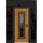 Front Exterior Prehung Steel Door / Ballucio 6644 Natural Oak / Black 2 Side and Top Exterior Window Sidelite / Entry Metal Modern Painted