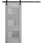 Sturdy Barn Door Frosted Glass | Sete 6933 Light Grey Oak | 6.6FT Rail Hangers Heavy Hardware Set | Solid Panel Interior Doors