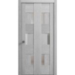 Sliding Closet Bi-fold Doors | Sete 6933 Light Grey Oak with Frosted Glass | Sturdy Tracks Moldings Trims Hardware Set | Wood Solid Bedroom Wardrobe Doors