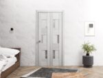 Sliding Closet Bi-fold Doors | Sete 6933 Light Grey Oak with Frosted Glass | Sturdy Tracks Moldings Trims Hardware Set | Wood Solid Bedroom Wardrobe Doors - Image 2