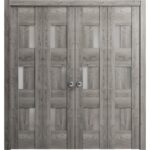 Sliding Closet Double Bi-fold Doors | Sete 6933 Nebraska Grey with Frosted Glass | Sturdy Tracks Moldings Trims Hardware Set | Wood Solid Bedroom Wardrobe Doors