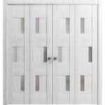 Sliding Closet Double Bi-fold Doors | Sete 6933 Nordic White with Frosted Glass | Sturdy Tracks Moldings Trims Hardware Set | Wood Solid Bedroom Wardrobe Doors