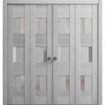 Sliding Closet Double Bi-fold Doors | Sete 6933 Light Grey Oak with Frosted Glass | Sturdy Tracks Moldings Trims Hardware Set | Wood Solid Bedroom Wardrobe Doors