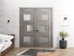 Solid French Double Doors Frosted Glass | Sete 6933 Nebraska Grey | Wood Solid Panel Frame Trims | Closet Bedroom Sturdy Doors - Image 2