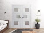 Solid French Double Doors Frosted Glass | Sete 6933 Nordic White | Wood Solid Panel Frame Trims | Closet Bedroom Sturdy Doors - Image 2