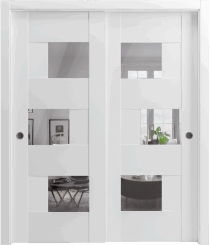 Sliding Closet Opaque Glass Bypass Doors / Sete 6999 White Silk with Mirror / Rails Hardware Set / Wood Solid Bedroom Wardrobe Doors