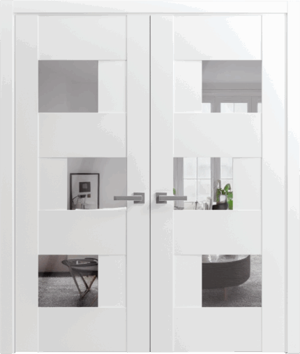 Solid French Double Doors / Sete 6999 White Silk with Mirror / Wood Solid Panel Frame / Closet Bedroom Modern Doors