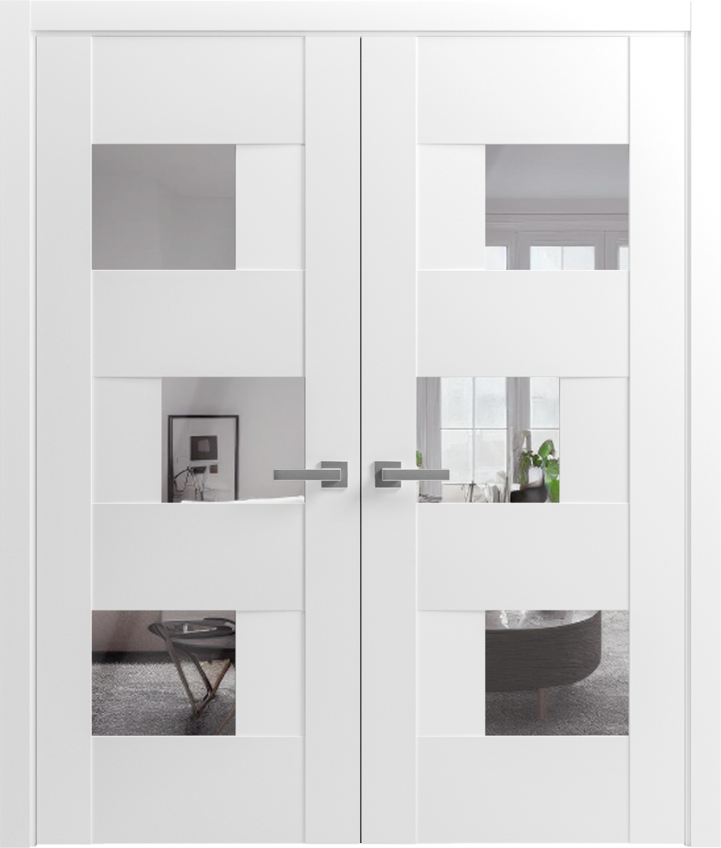 Solid French Double Doors / Sete 6999 White Silk with Mirror / Wood Solid Panel Frame / Closet Bedroom Modern Doors