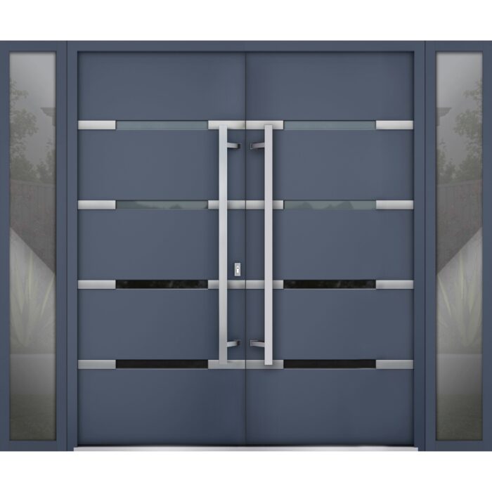 Front Exterior Prehung Steel Double Doors / Deux 1105 Gray Graphite / 2 Sidelight Exterior Windows / Stainless Inserts Single Modern Painted - Image 1