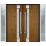 Front Exterior Prehung Steel Double Doors / Deux 1713 Natural Oak / 2 Sidelight Exterior White Windows / Stainless Inserts Single Modern Painted