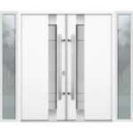 Front Exterior Prehung Steel Double Doors / Deux 1713 White Enamel / 2 Sidelight Exterior Black Windows / Stainless Inserts Single Modern Painted
