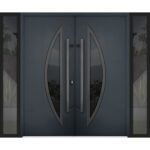 Front Exterior Prehung Steel Double Doors / Deux 6501 Anthracite / 2 Sidelight Exterior Windows / Stainless Inserts Single Modern Painted