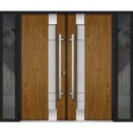Front Exterior Prehung Steel Double Doors / Deux 1713 Natural Oak / 2 Black Sidelight Exterior Windows / Stainless Inserts Single Modern Painted