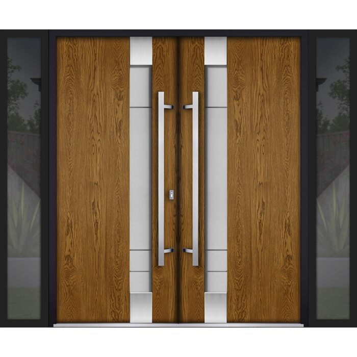Front Exterior Prehung Steel Double Doors / Deux 1713 Natural Oak / 2 Black Sidelight Exterior Windows / Stainless Inserts Single Modern Painted - Image 1