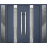 Front Exterior Prehung Steel Double Doors / Deux 1717 Gray Graphite / 2 Sidelight Exterior Windows / Stainless Inserts Single Modern Painted