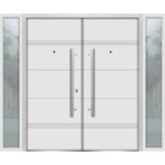 Front Exterior Prehung Steel Double Doors / Deux 1705 White Enamel / 2 Sidelight Exterior Black Windows / Stainless Inserts Single Modern Painted