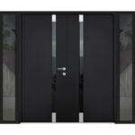 Front Exterior Prehung Steel Double Doors / Cynex 6777 Black / 2 Sidelight Exterior Windows / Stainless Inserts Single Modern Painted