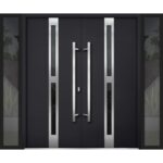Front Exterior Prehung Steel Double Doors / Deux 1755 Black Enamel / 2 Sidelight Exterior Windows / Stainless Inserts Single Modern Painted