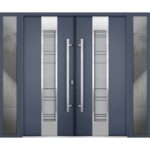 Front Exterior Prehung Steel Double Doors / Deux 0757 Gray Graphite / 2 Sidelight Exterior Windows / Stainless Inserts Single Modern Painted