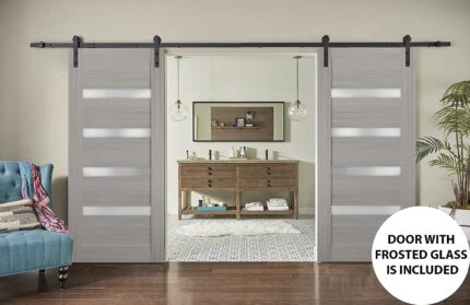 Sturdy Double Barn Door with | Quadro 4113 Ginger Ash with Frosted Glass | Black 13FT Rail Hangers Heavy Set | Solid Panel Interior Doors