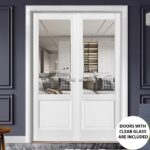Solid French Double Doors | Lucia 1533 White Silk with Clear Glass | Wood Solid Panel Frame Trims | Closet Bedroom Sturdy Doors - Image 2