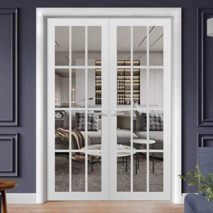 Solid French Double Clear Glass Doors 12 Lites | Felicia 3355 White Silk | Single Regural Panel Frame Trims | Bathroom Bedroom Sturdy Doors