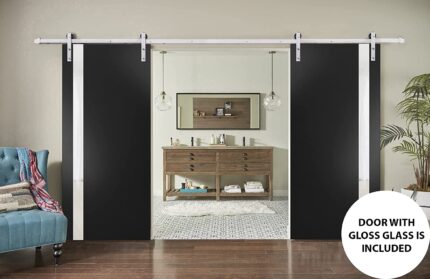 Sturdy Double Barn Door | Planum 0040 Matte Black with White Glass | Silver 13FT Rail Hangers Heavy Set | Solid Panel Interior Doors