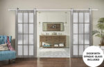 Sturdy Double Barn Door 12 Lites | Felicia 3312 Ginger Ash Grey with Frosted Glass | Silver 13FT Rail Hangers Heavy Set | Solid Panel Interior Doors - Image 2