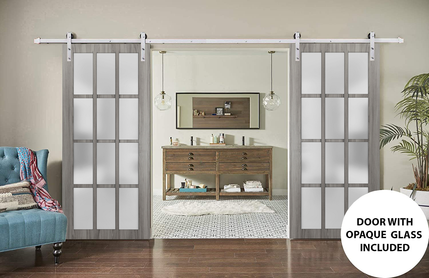 Sturdy Double Barn Door 12 Lites | Felicia 3312 Ginger Ash Grey with Frosted Glass | Silver 13FT Rail Hangers Heavy Set | Solid Panel Interior Doors