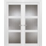 Solid French Double Doors | Lucia 2588 White Silk with Rain Glass | Wood Solid Panel Frame Trims | Closet Bedroom Sturdy Doors Rain Glass