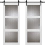 Sturdy Double Barn Door with | Lucia 2588 White Silk with Rain Glass | 13FT Rail Hangers Heavy Set | Solid Panel Interior Doors Rain Glass