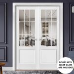 Solid French Double Doors | Felicia 3599 White Silk with Clear Glass | Wood Solid Panel Frame Trims | Closet Bedroom Sturdy Doors - Image 3